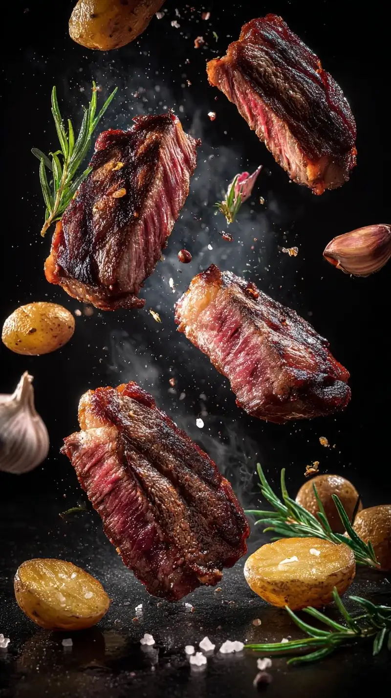 پیش‌نمایش Cinematic Food Photography Prompts for Floating Steak and Shrimp