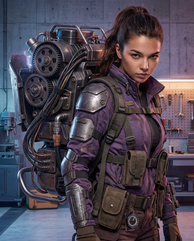پیش‌نمایش Cyberpunk Mechanic with Massive Exosuit Backpack