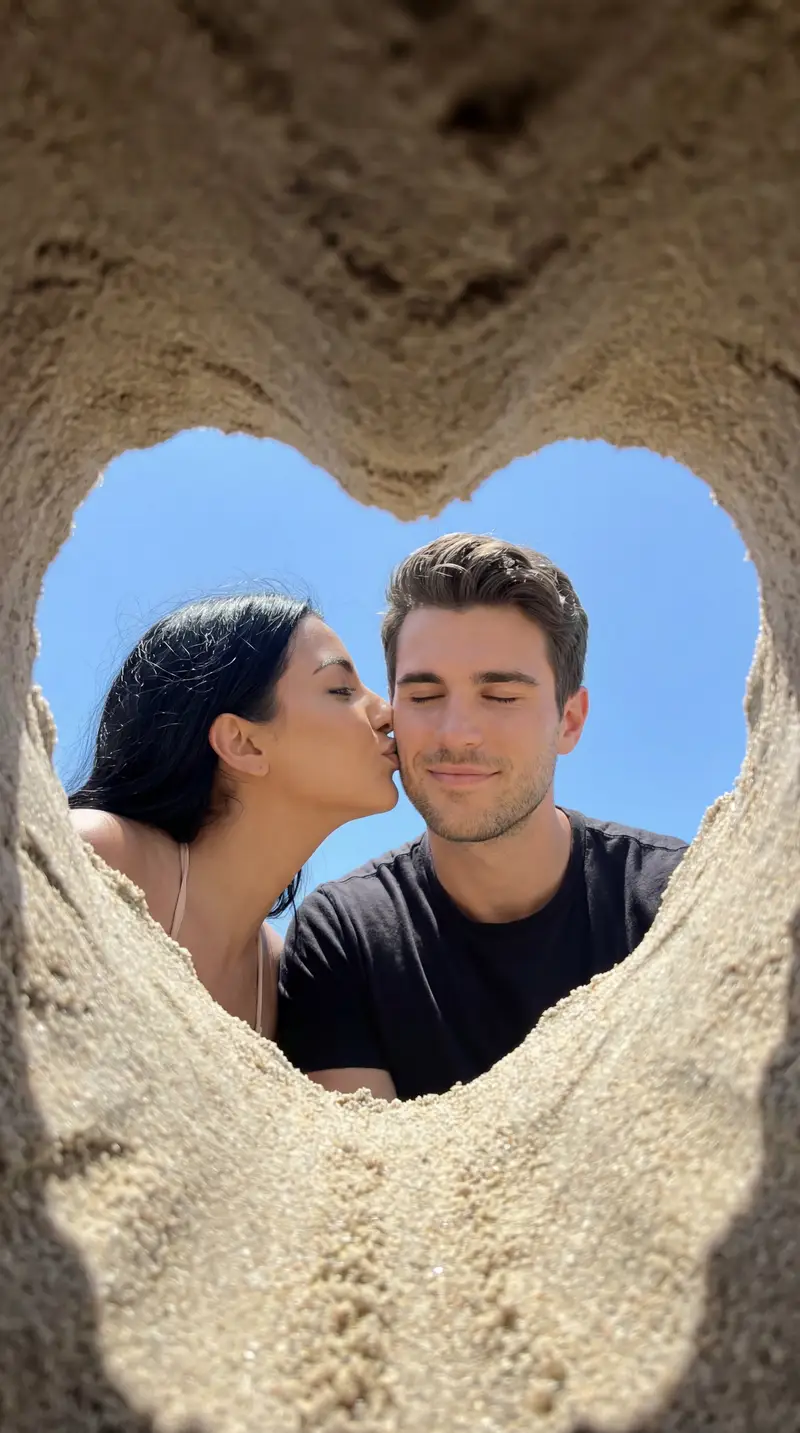 Preview of Candid Beach Kiss Framed by Sand Heart