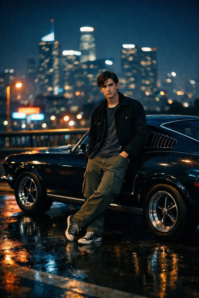 Preview of Cinematic Night Photo with Classic Mustang
