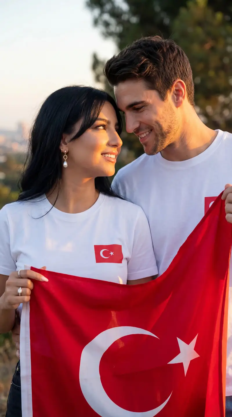 Preview of Photorealistic Romantic Couple with Turkish Flag Prompt
