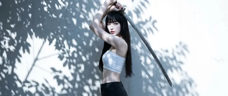 Preview of High-Contrast Japanese Beauty Portrait with Katana Pose