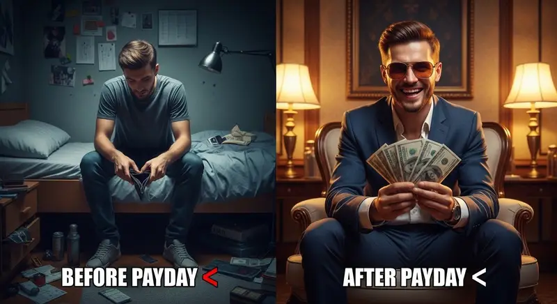 پیش‌نمایش Split Scene 'Before and After Payday' Prompt for Nano Banana Pro