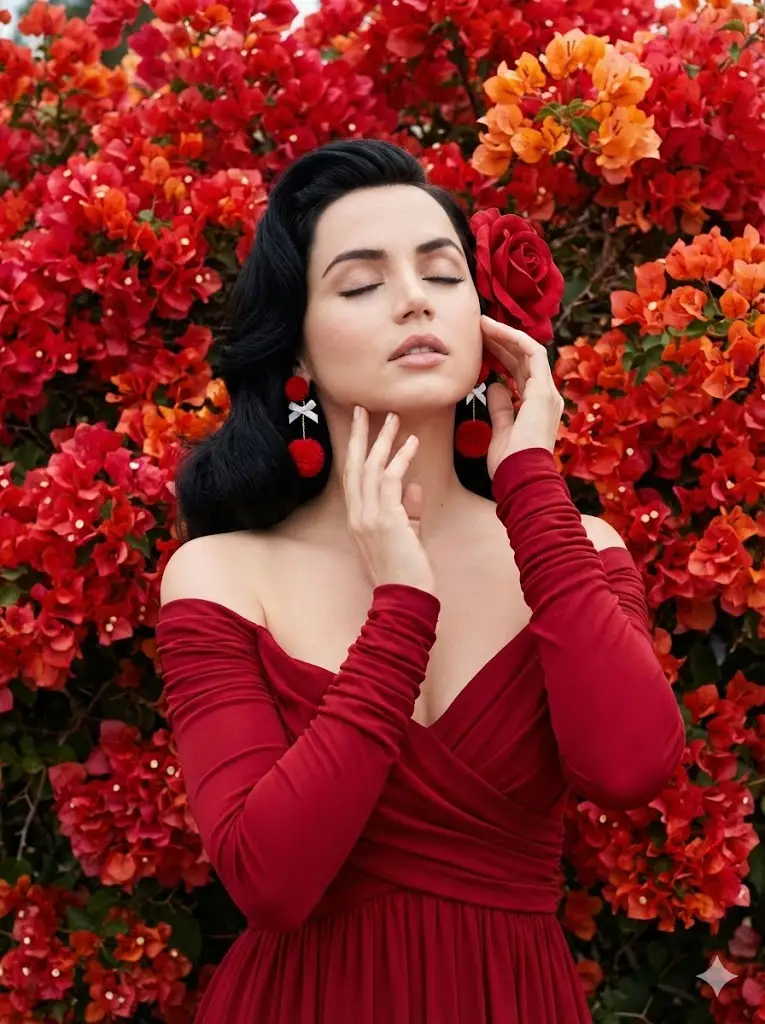 Preview of Ultra-HD portrait of Ana de Armas in a crimson gown surrounded by red flowers