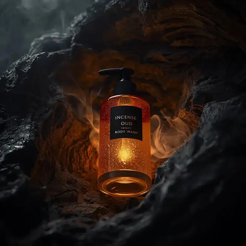 پیش‌نمایش Ultra-Realistic Product Shot of Incense Oud Body Wash