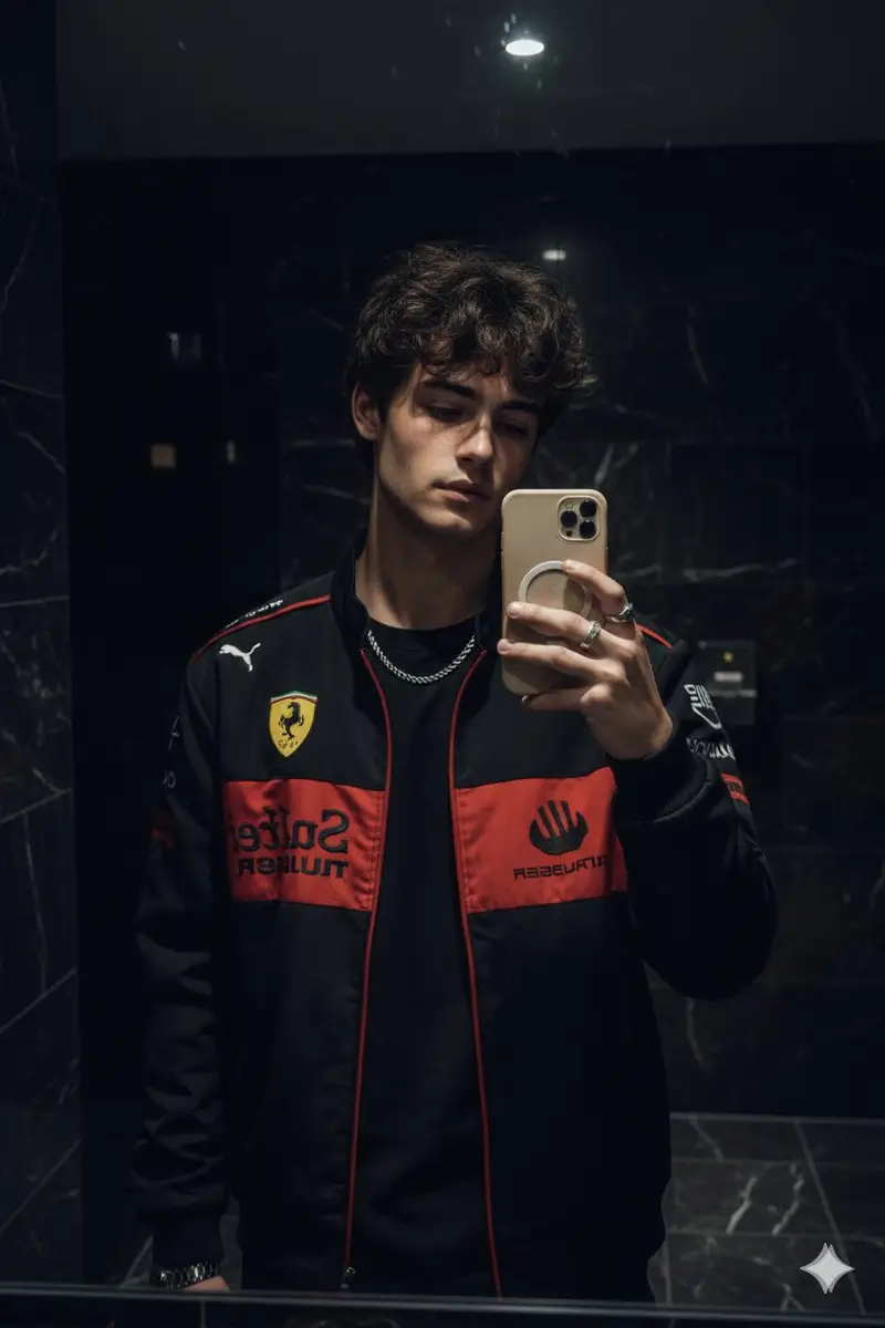 Preview of Cinematic Mirror Selfie in Dark Modern Bathroom