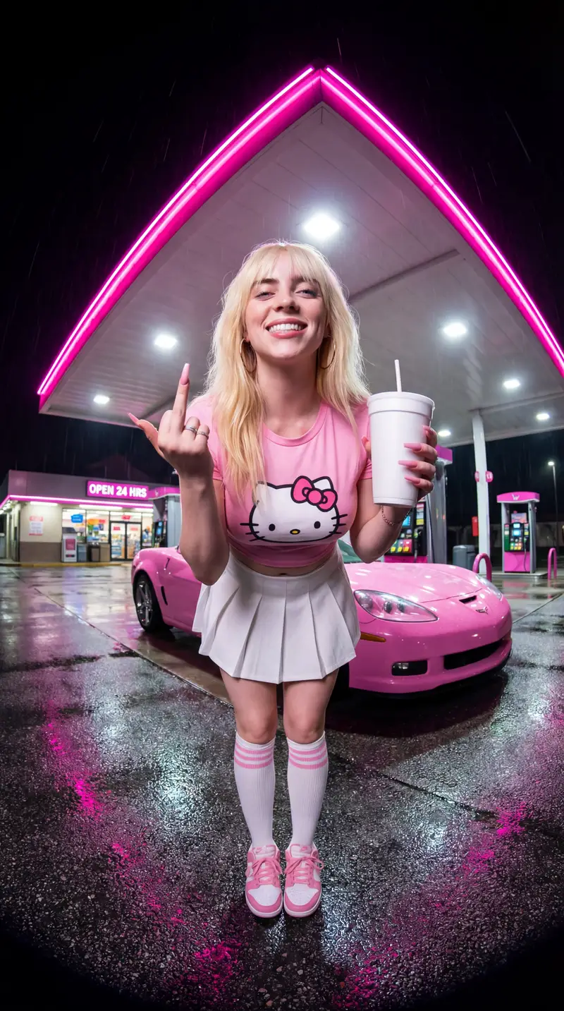 Preview of Sydney Sweeney Neon Gas Station Scene