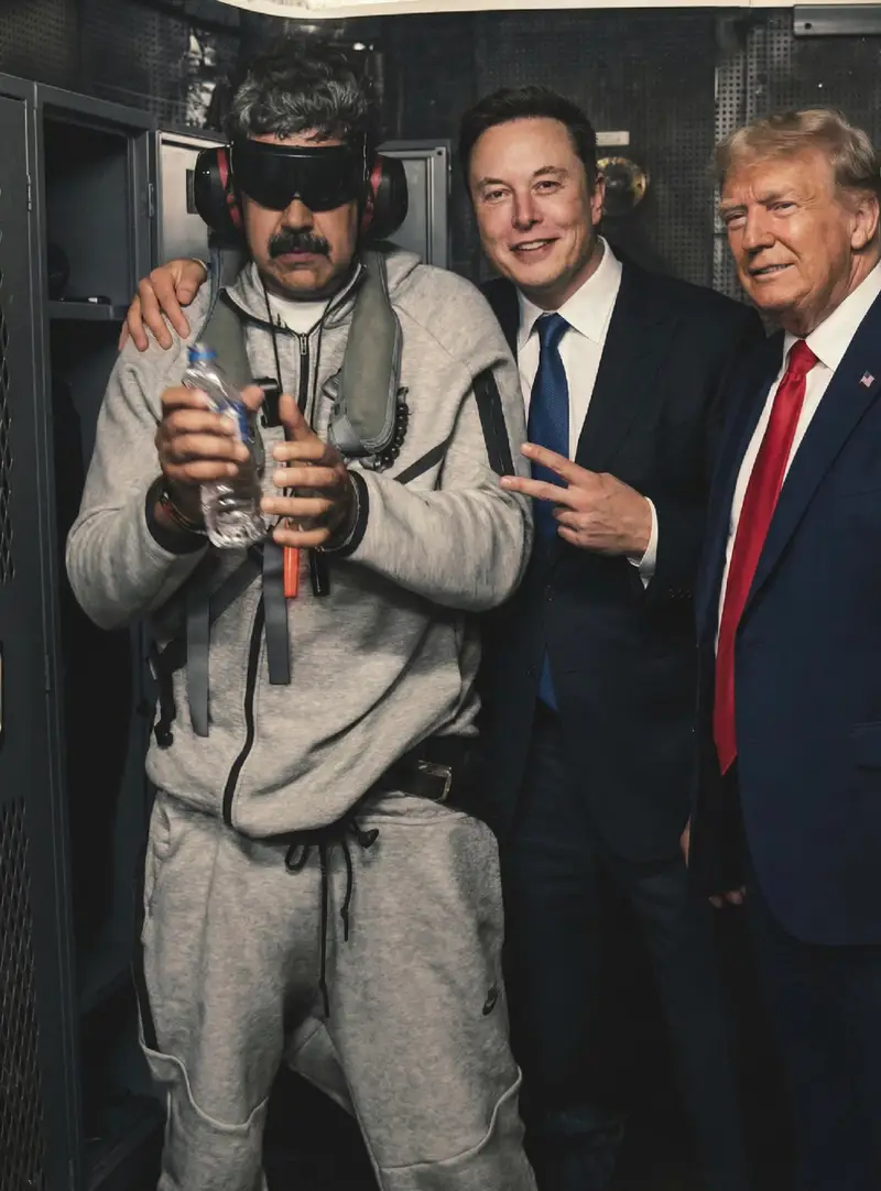 پیش‌نمایش Humorous Portrait of Elon Musk, Donald Trump, and Venezuela President in Tactical Gear