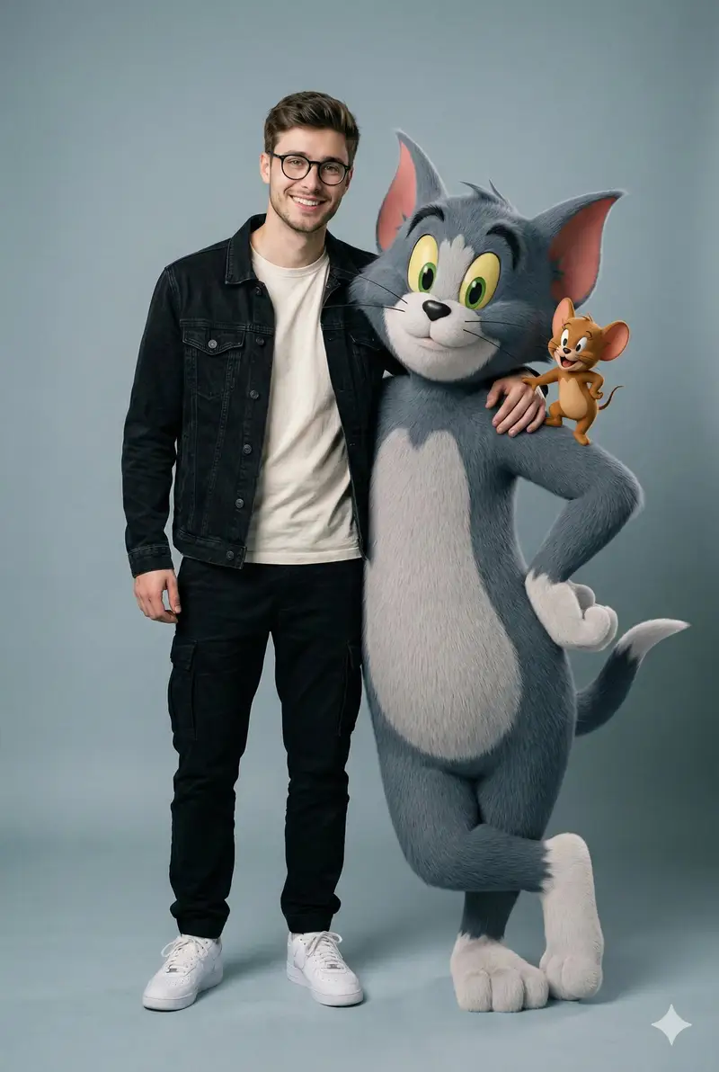 Preview of Hyper-realistic image prompt featuring a person with Tom and Jerry in a studio setting