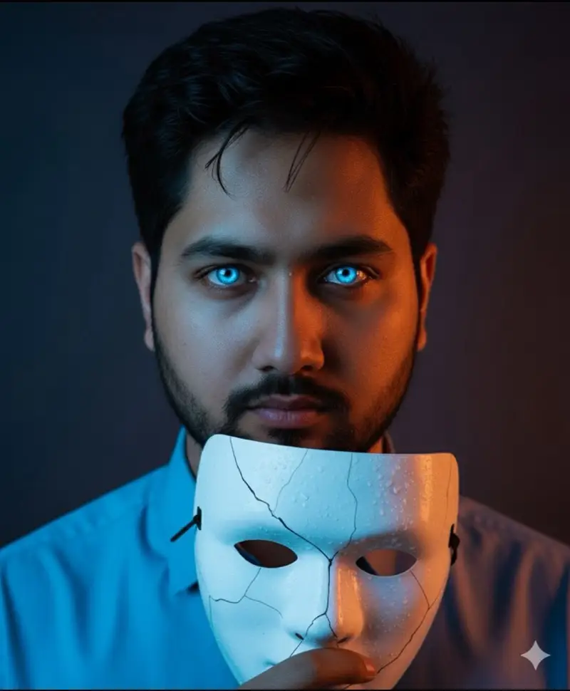 Preview of Dramatic Close-Up Portrait with Wet Skin and Cracked Mask