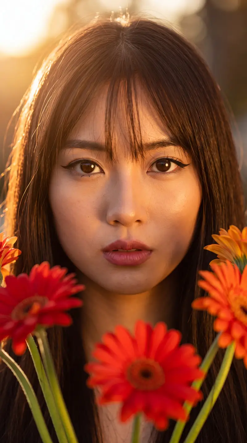 Preview of East Asian Woman with Gerbera Flowers