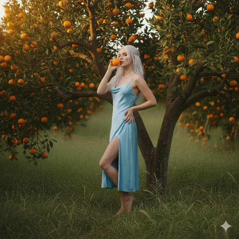 Preview of Dreamy Golden Hour Orange Grove Portrait Prompt
