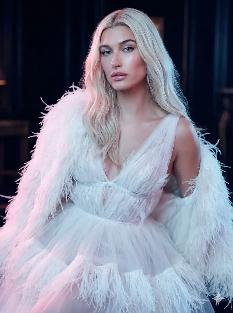 Preview of High-Fashion Feather Tulle Glamour Portrait Prompt in JSON