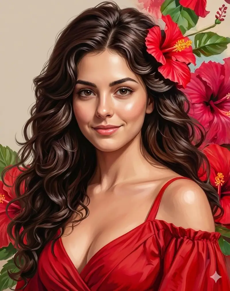 Preview of Romantic Digital Portrait with Hibiscus
