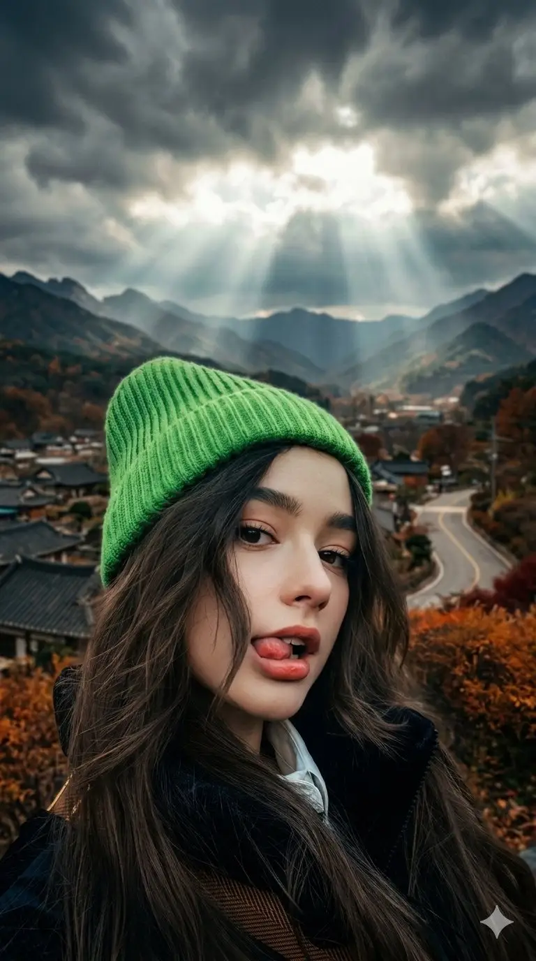 Preview of Cinematic Close-up of Woman with Neon Beanie