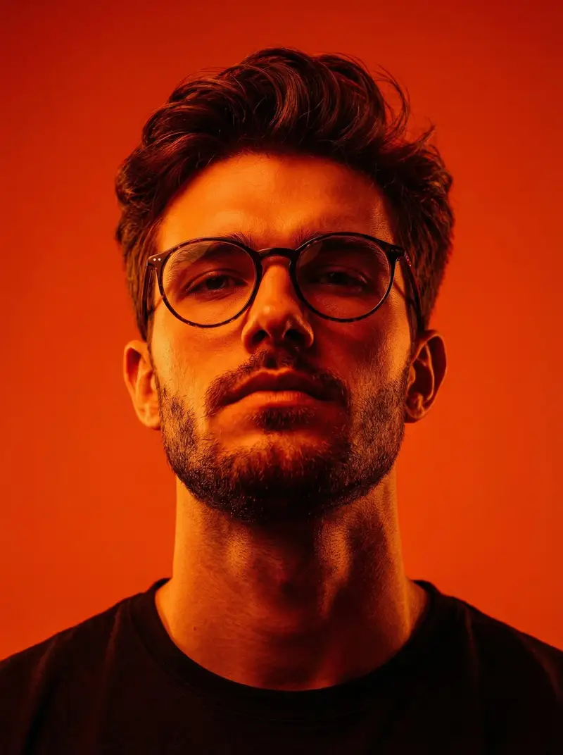 Preview of Dynamic Low-Angle Editorial Portrait with Orange-Red Contrast