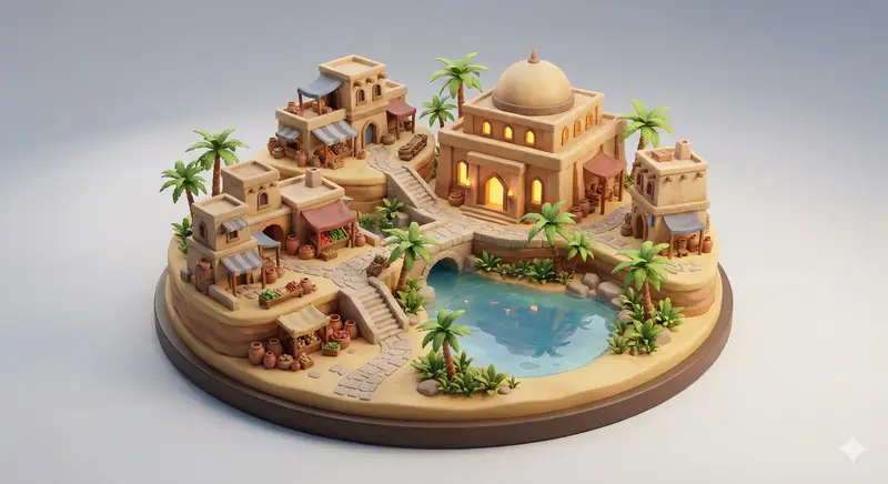 Preview of Collectible Miniature Diorama of a Developed Desert Oasis Settlement