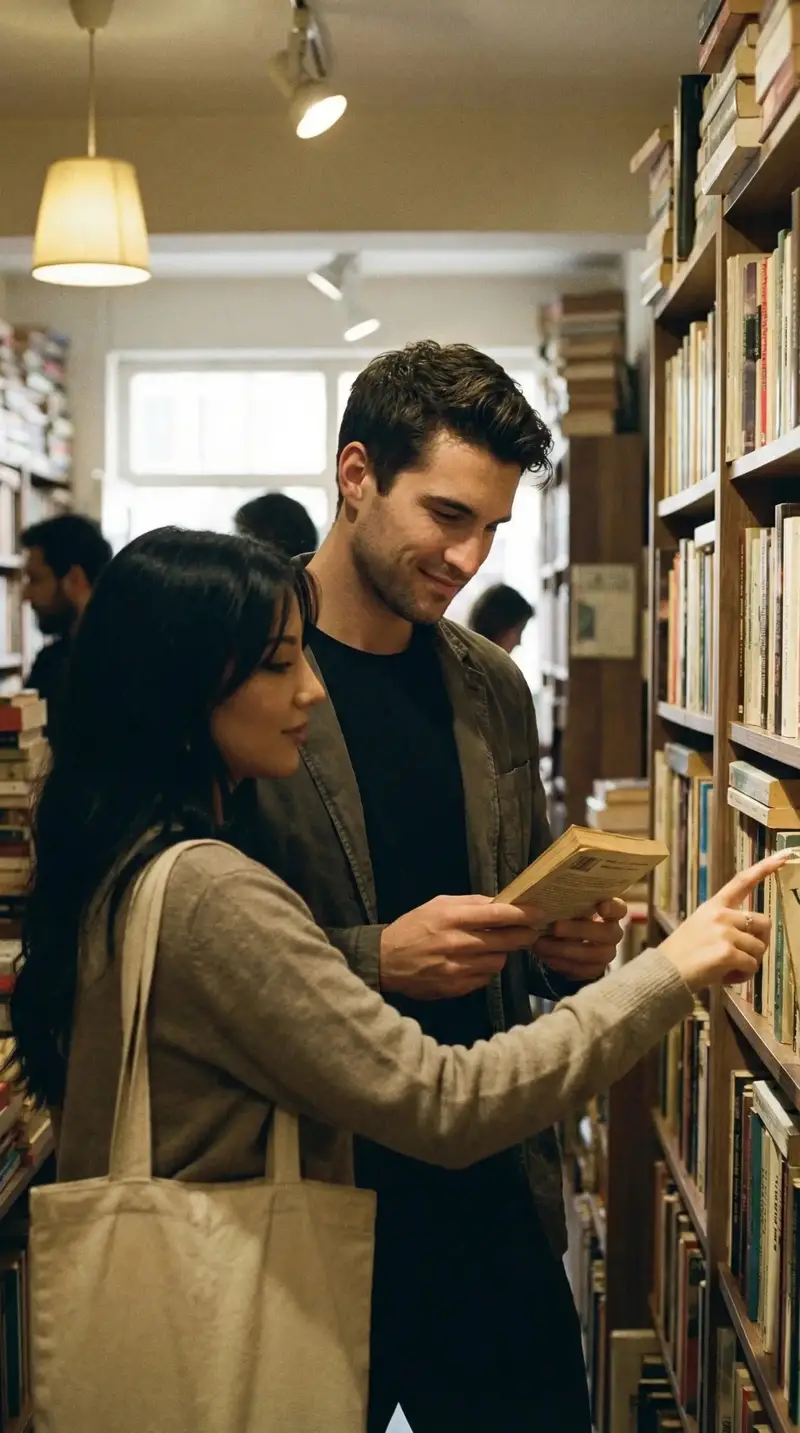 Preview of Candid Street Romance Film Still Prompt (Bookshop)