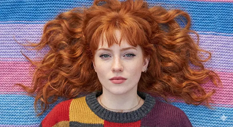 پیش‌نمایش Flat Lay Portrait of a Ginger Woman on a Rainbow Blanket