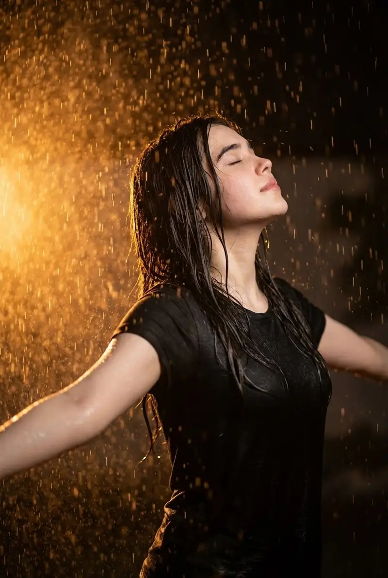 Preview of Cinematic portrait of woman in heavy rain at night