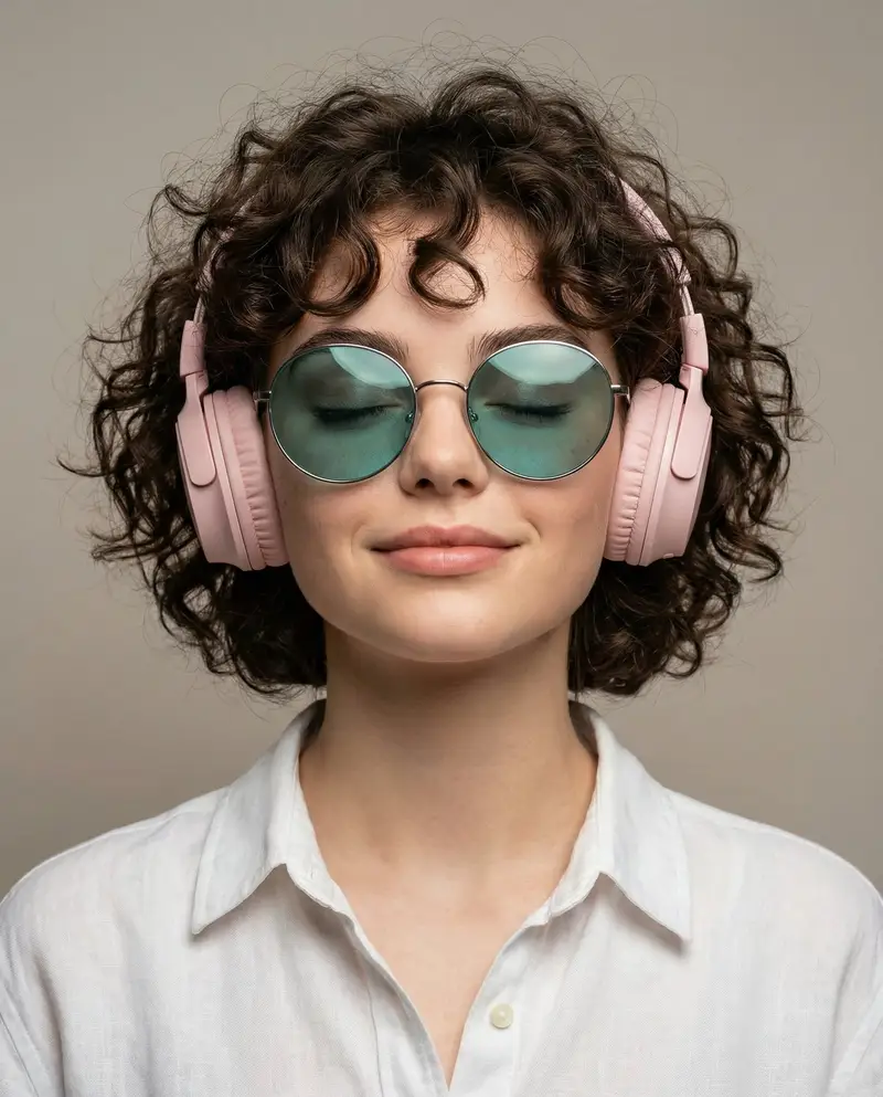 Preview of Ultra-Realistic Studio Portrait of Woman with Eyes Closed and Headphones
