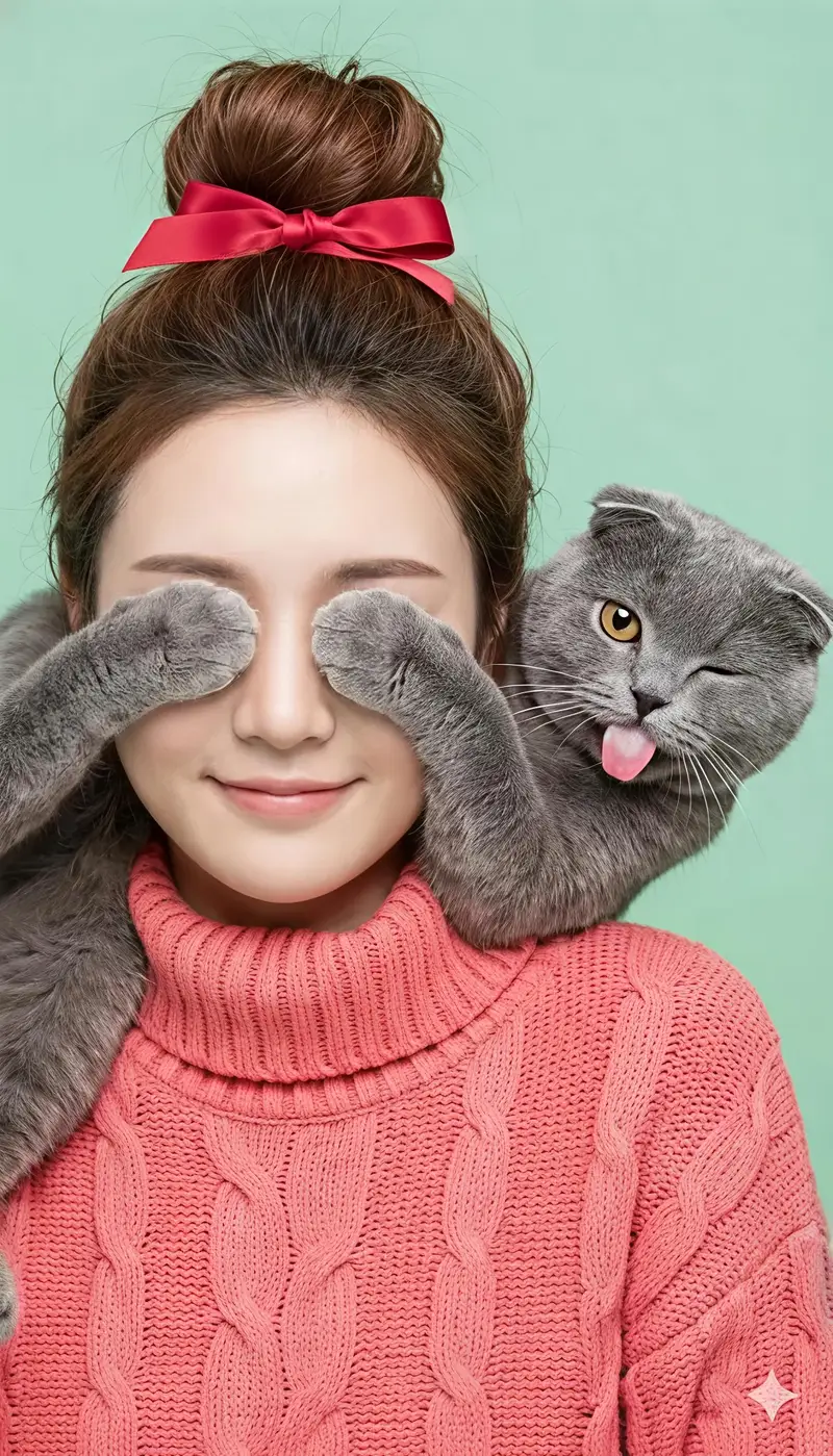 Preview of Comical Portrait of Woman with Winking Cat