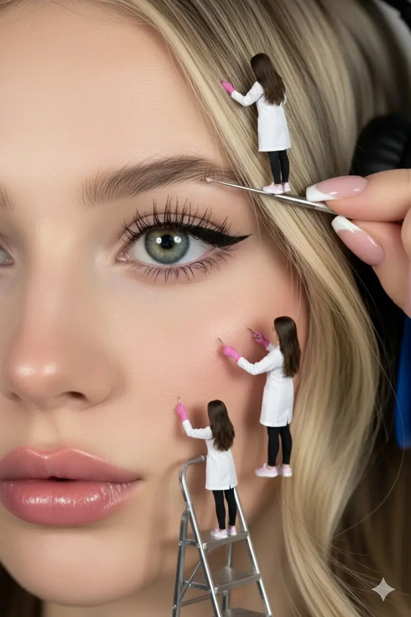 Preview of Hyper-realistic close-up of a woman's face being 'maintained' by miniature aesthetic doctors