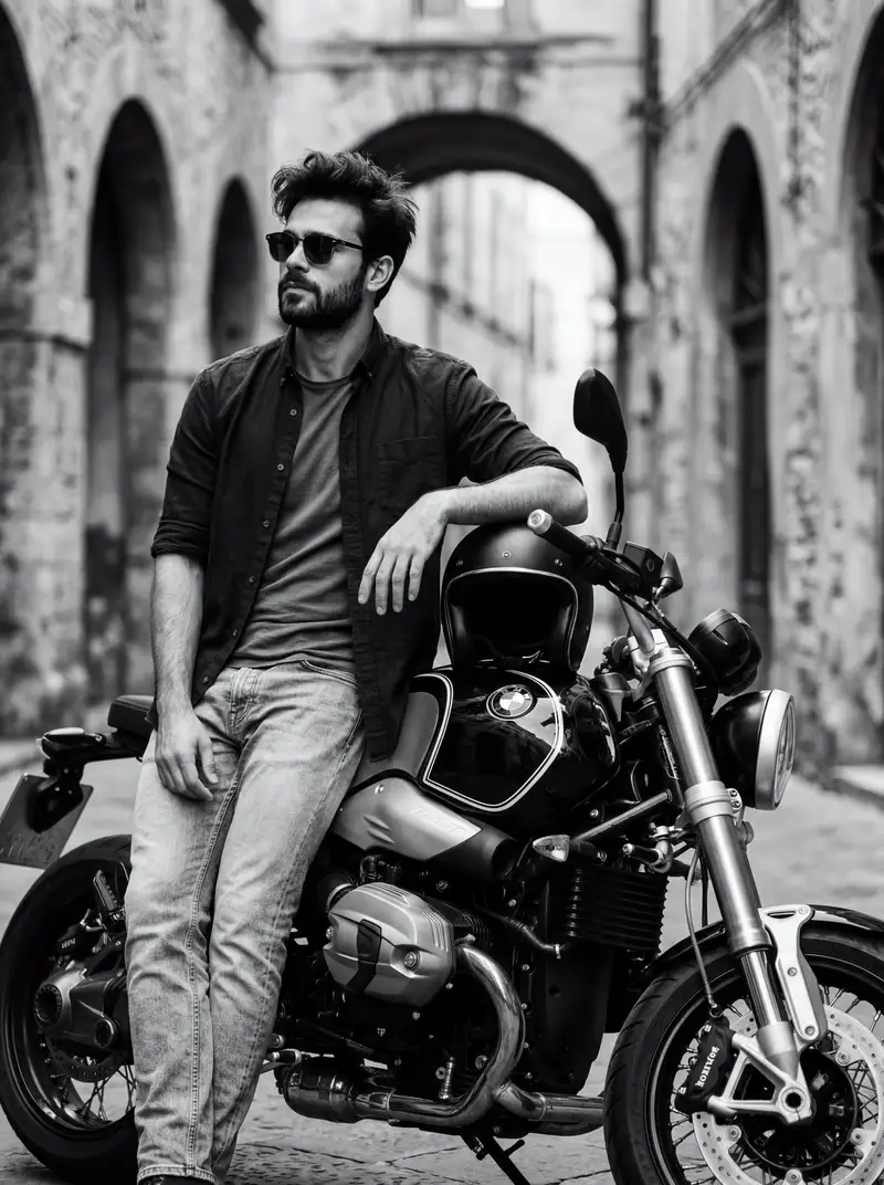 پیش‌نمایش Black and White Cinematic Motorcycle Portrait
