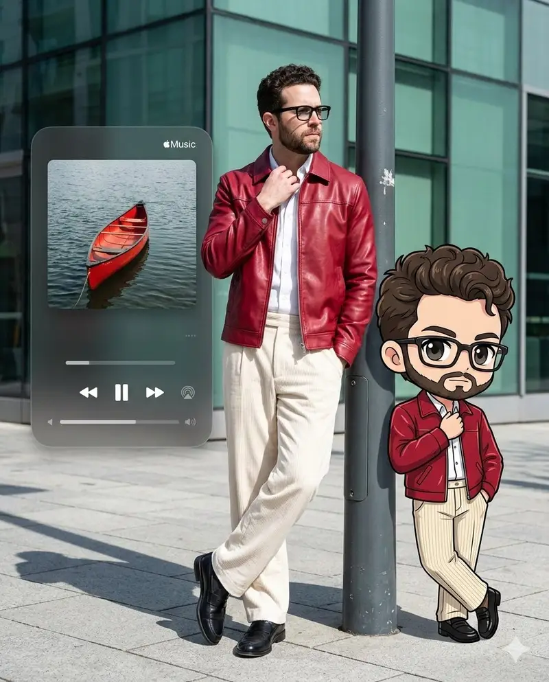Preview of Photorealistic Self-Portrait with Chibi and UI Overlay Prompt