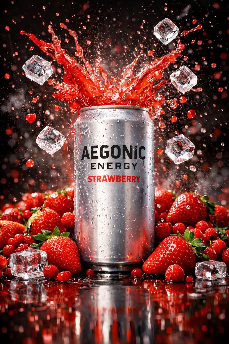 Preview of Cinematic Product Photography Prompt: Strawberry Energy Drink Explosion
