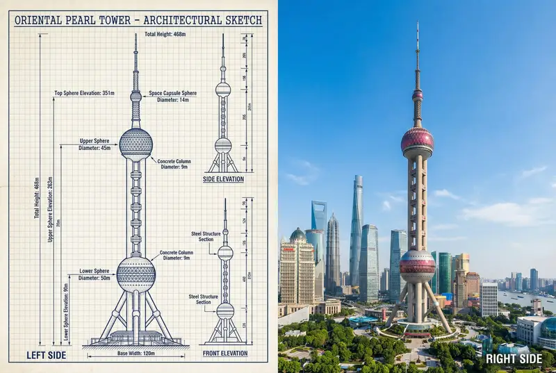 Preview of JSON Prompt for Side-by-Side Architectural Comparison of Oriental Pearl Tower