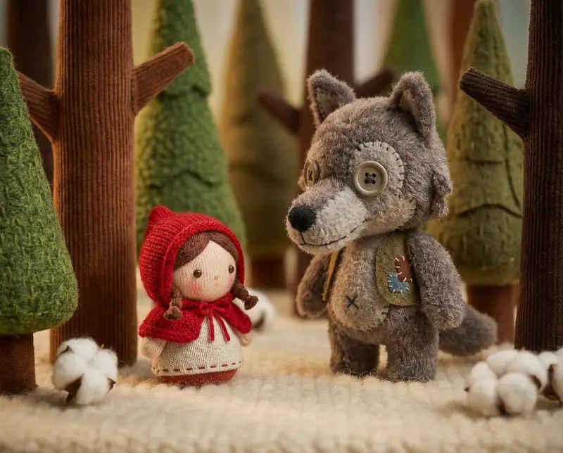 Preview of Whimsical Plush Toy Diorama of Little Red Riding Hood