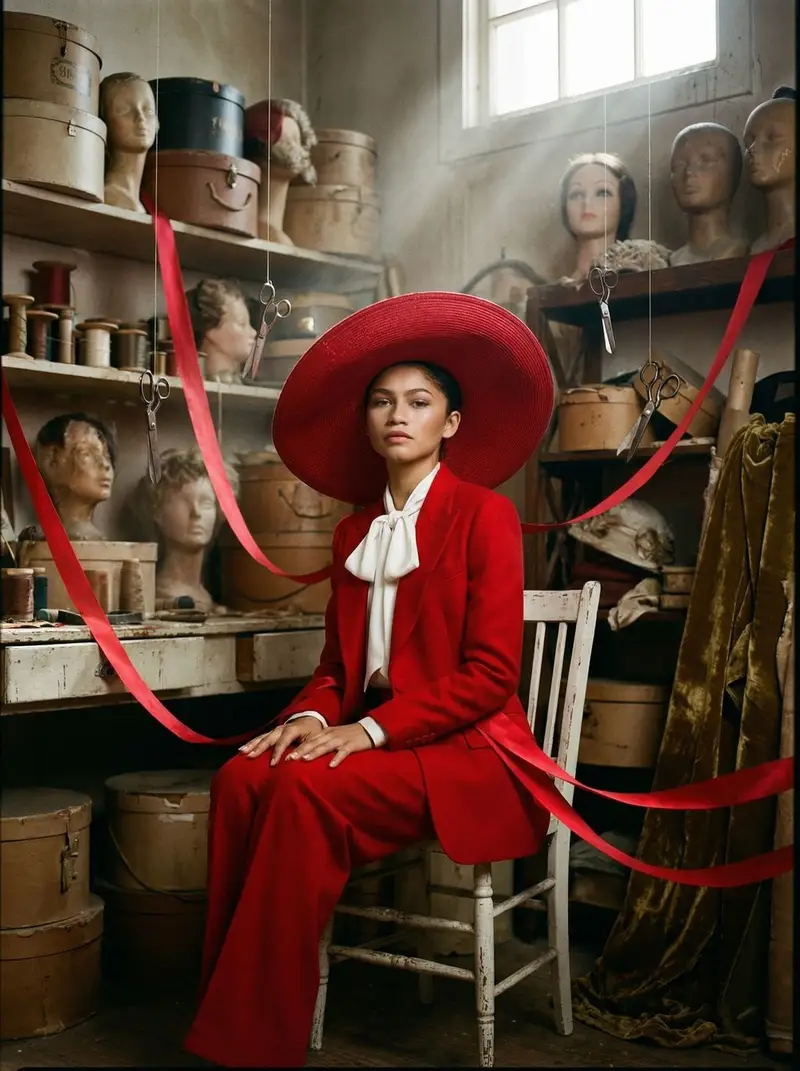 Preview of Zendaya Crimson Archive Fashion Editorial Prompt