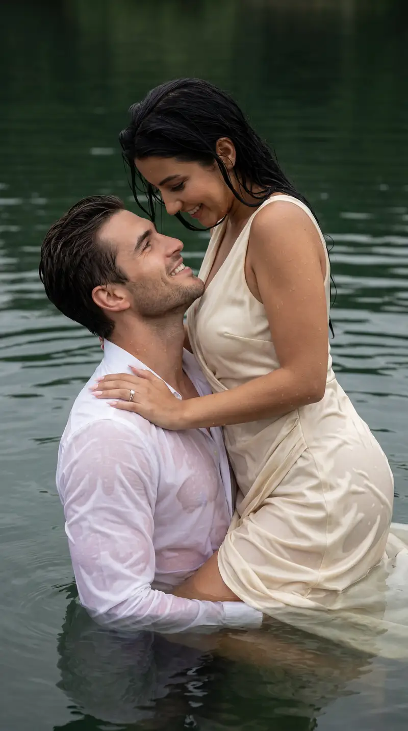 Preview of Cinematic Couple Embrace in Lake Prompt (Wet Fabric Physics)