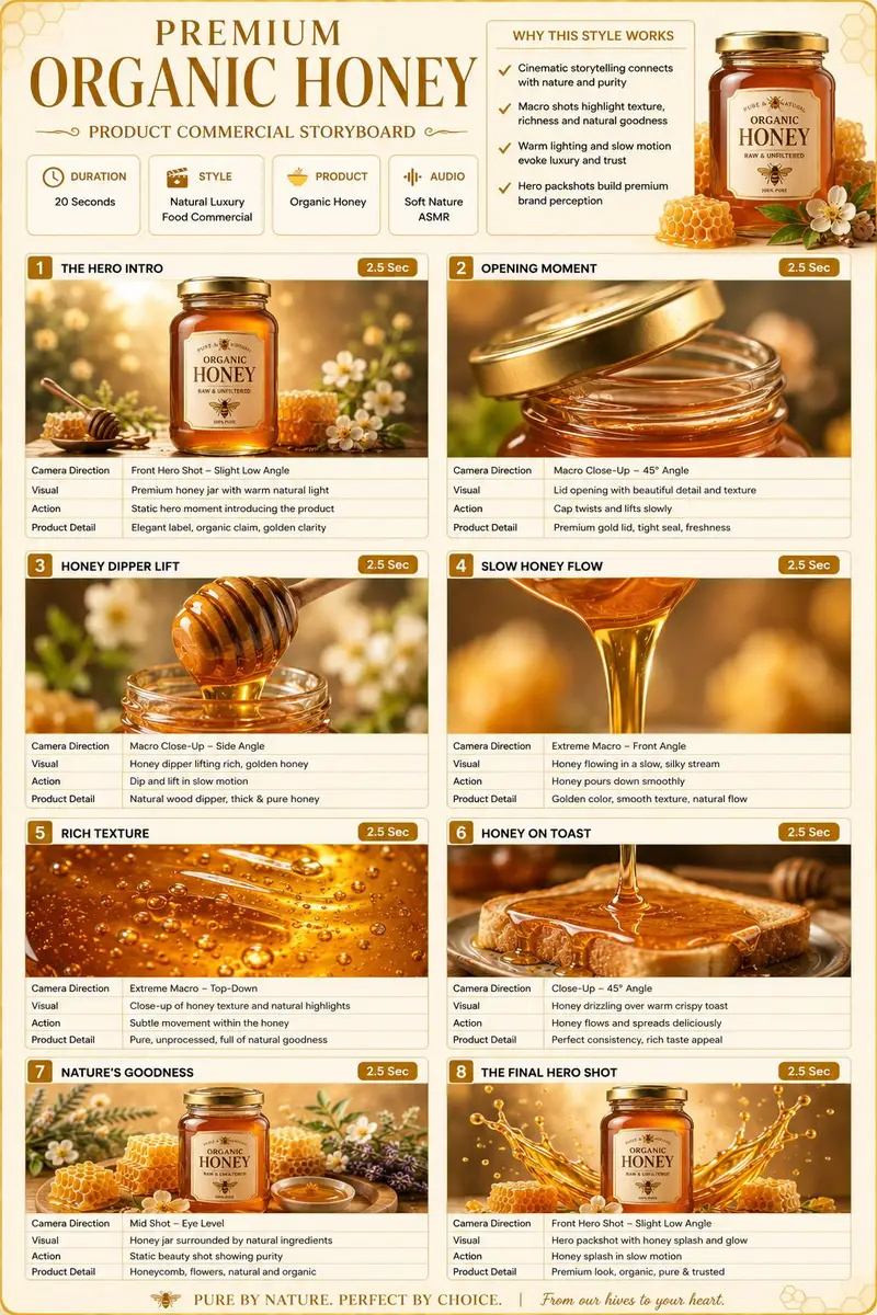 پیش‌نمایش Premium Organic Honey Commercial Storyboard