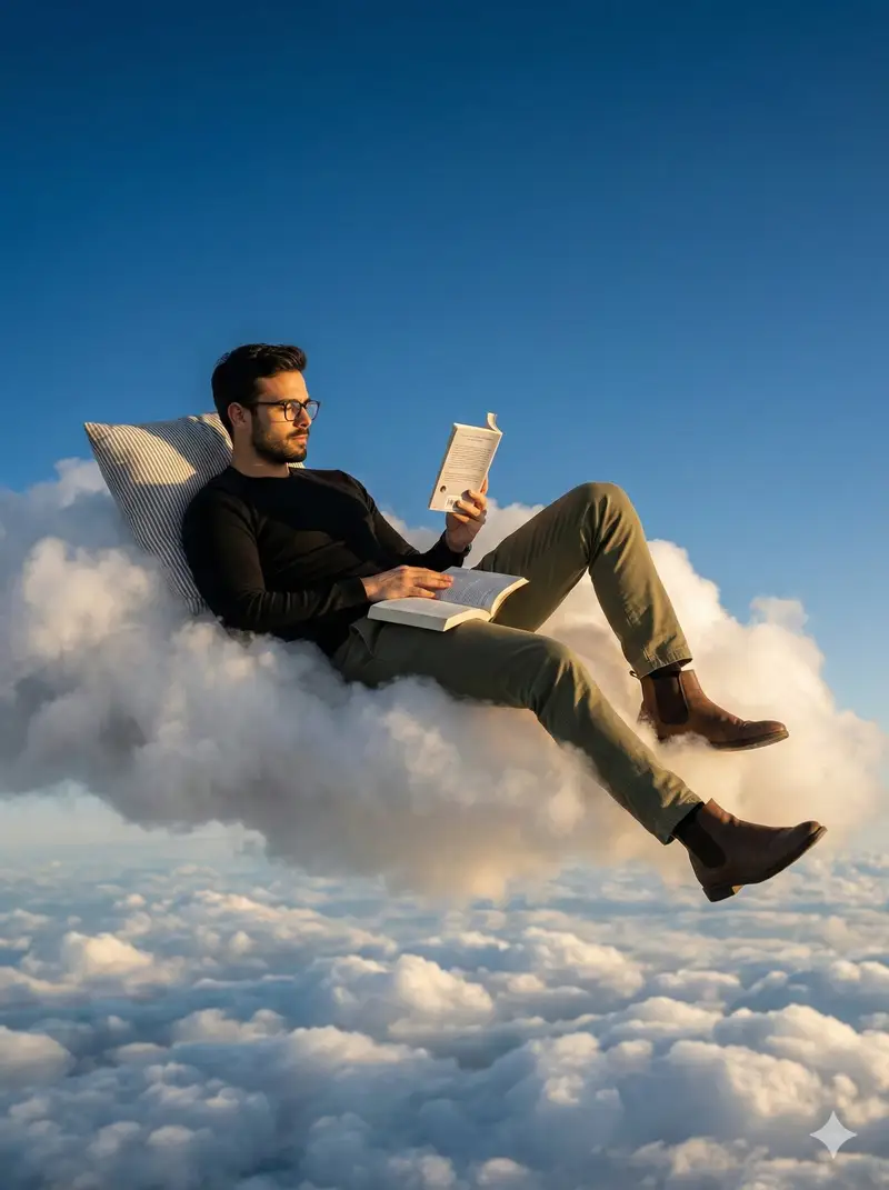 Preview of Photorealistic Surreal Scene of a Man Reclining on a Floating Cloud