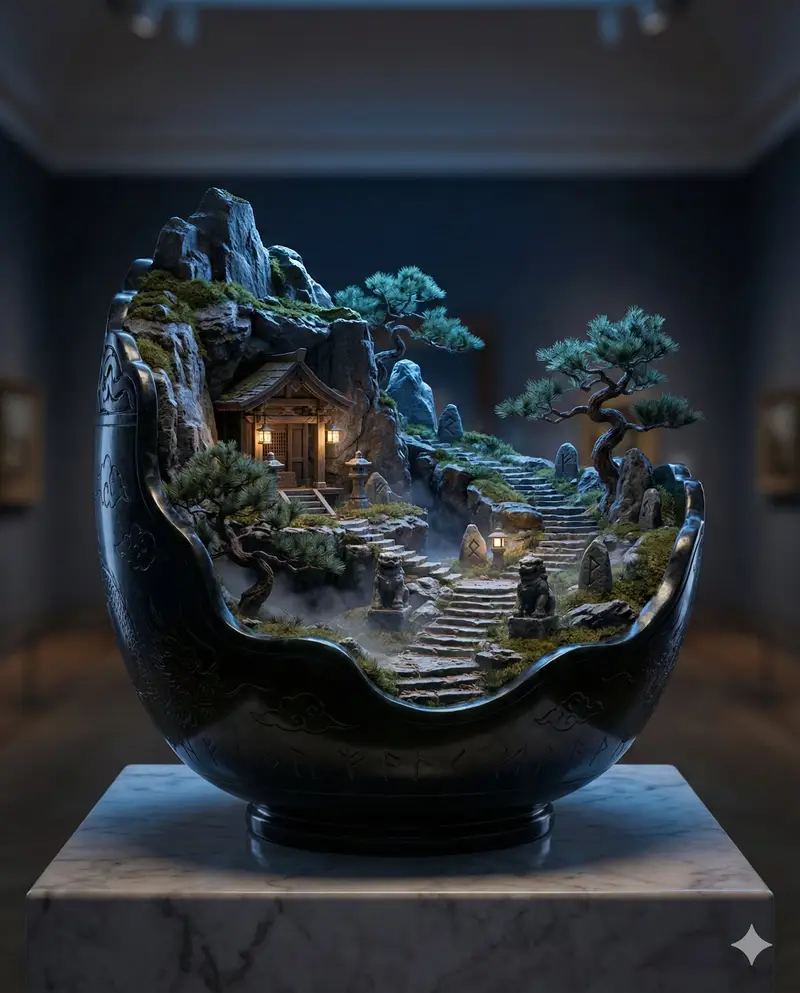 پیش‌نمایش Black Jade Diorama of Night Mountain of the Ancients