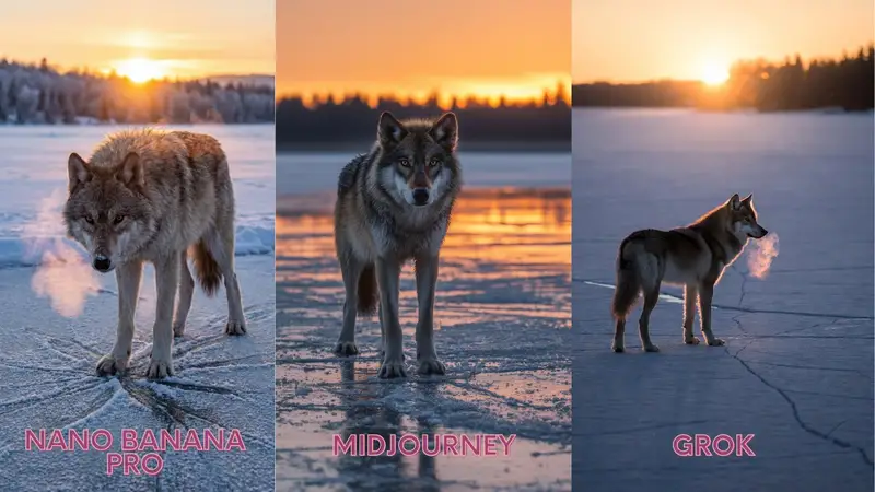 Preview of Lone Grey Wolf on Frozen Lake at Dawn