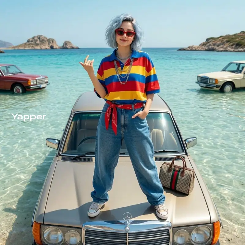 Preview of Stylish Woman on Submerged Vintage Car