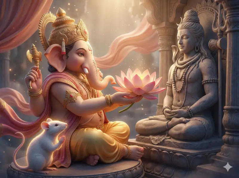 Preview of 3D image generation prompt for God Ganesh worshipping God Mahadev