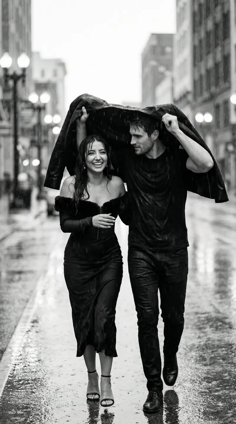 Preview of Black and White Documentary Couple in Rain (Image-to-Image)