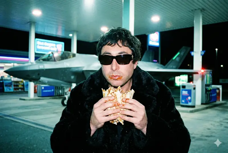 Preview of Grainy Paparazzi Snapshot of Man Eating Kebab at Gas Station with F-35 Jet