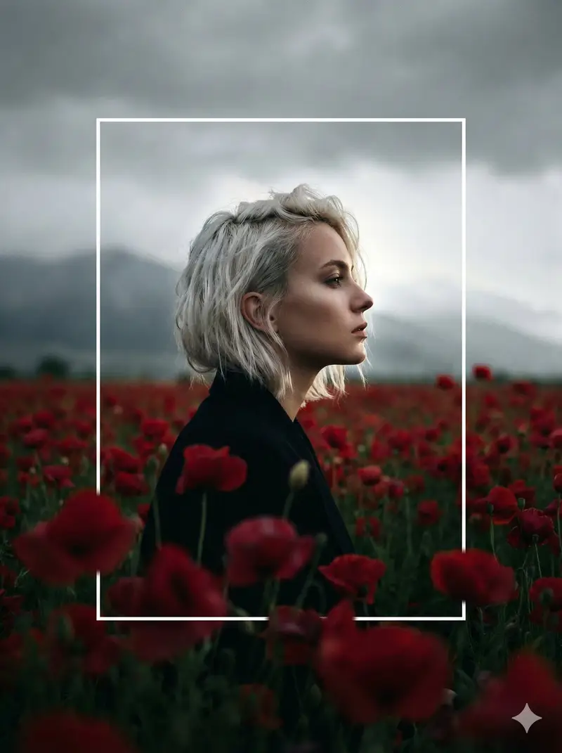 Preview of Cinematic Profile Portrait in Crimson Field with Frame Overlay