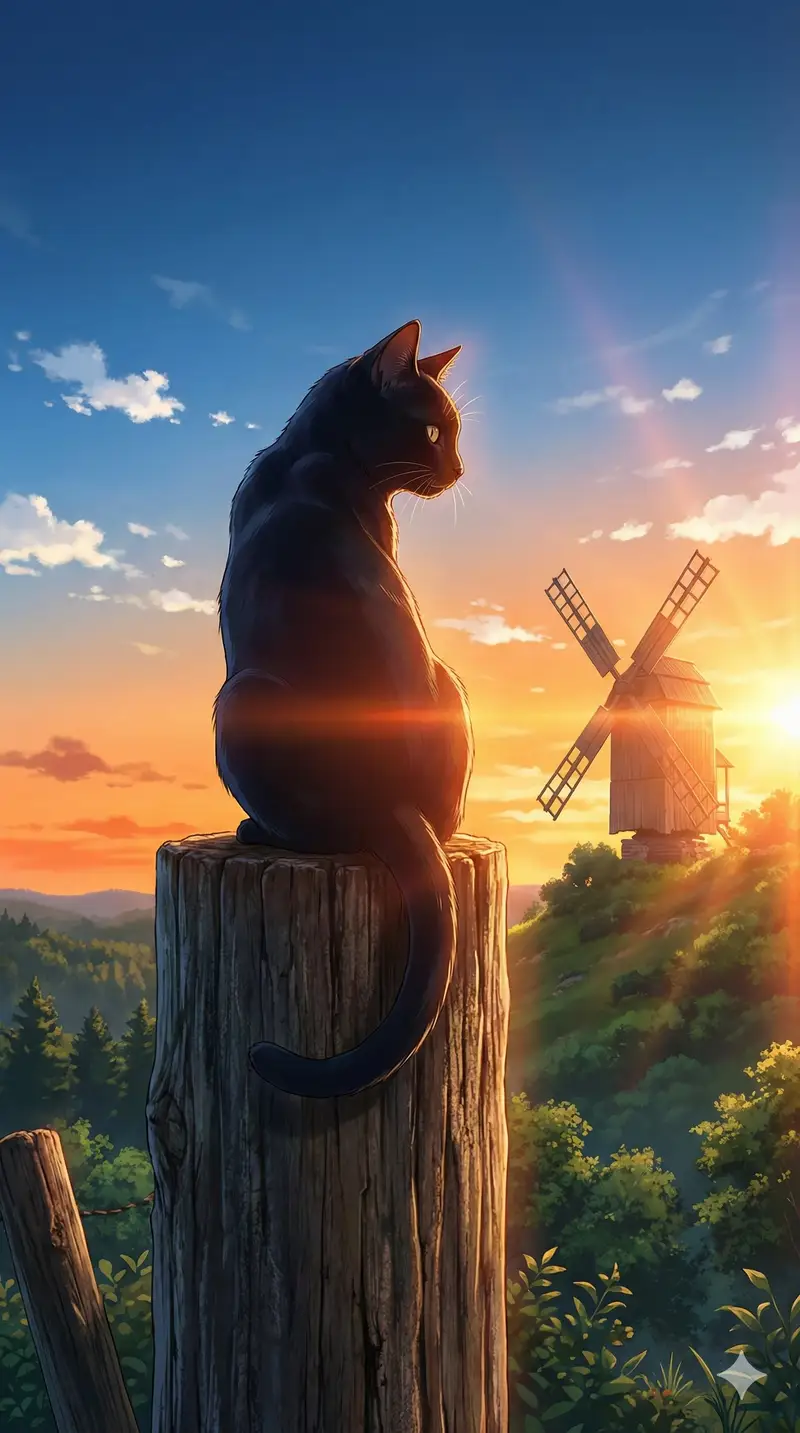 Preview of Black Cat on Wooden Post Scene