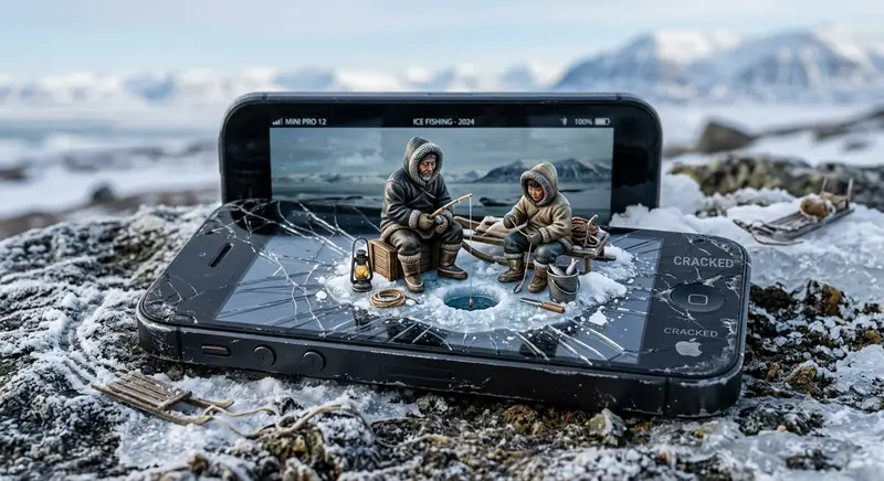 Preview of Miniature Inuit Fishing on Cracked Phone