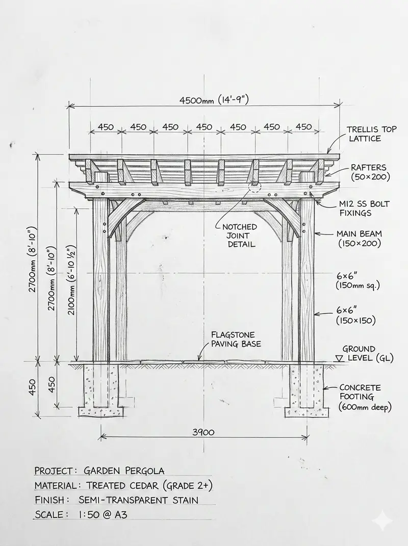 Preview of Pergola Blueprint to Photoreal Structure Prompt