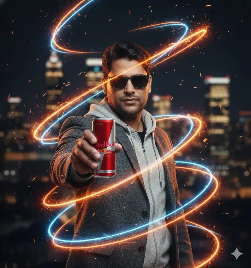 Preview of Commercial Energy Drink Photography Prompt with Neon Effects