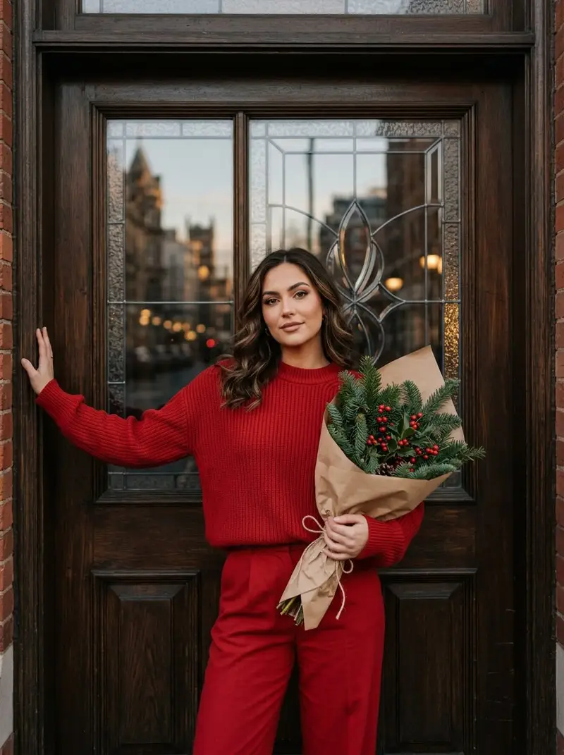 Preview of Woman in Festive Red Sweater Portrait