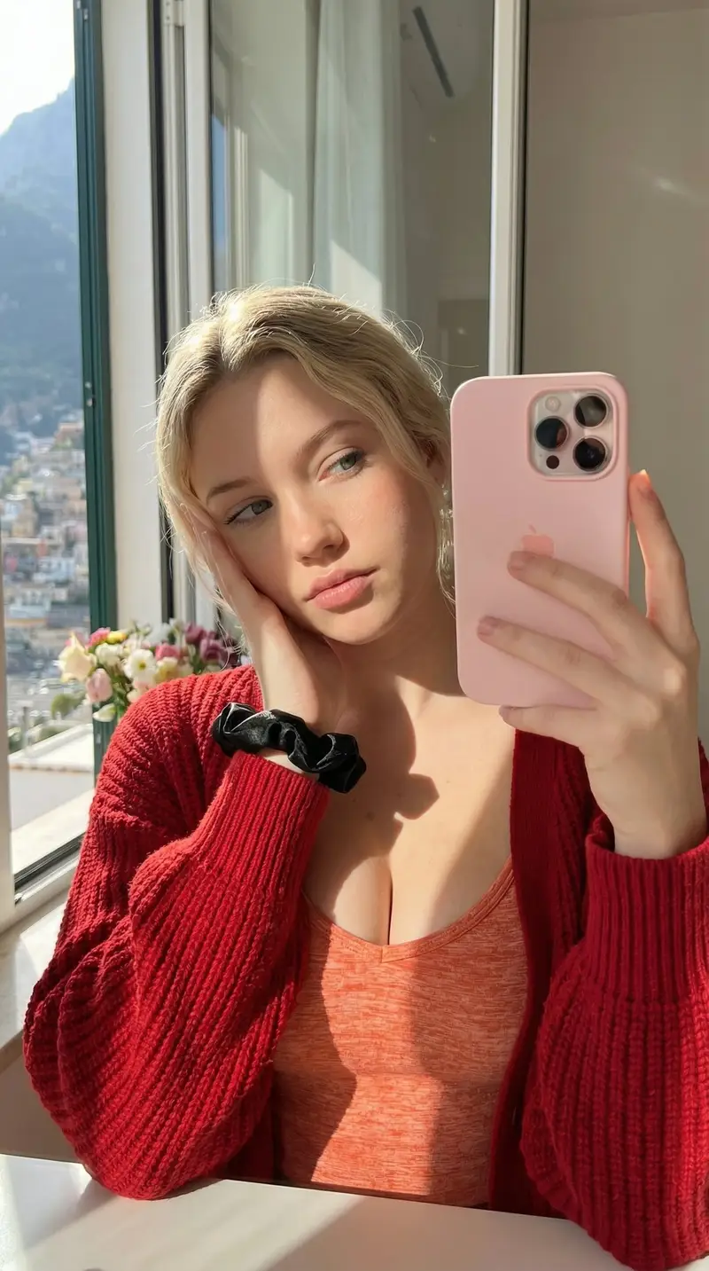 پیش‌نمایش Dual Mirror Selfie Prompts (Red vs. Yellow Cardigan)