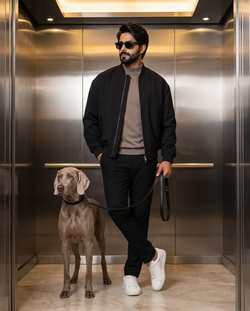 Preview of Stylish Man with Weimaraner in Modern Elevator